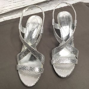 Guess Silver Crisscross Strap Heel Sandals Size 6